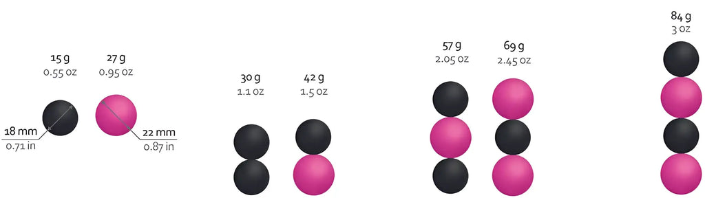 Black and pink spherical gVibe geisha balls magnetic weight markers showing precise grams and ounces measurements