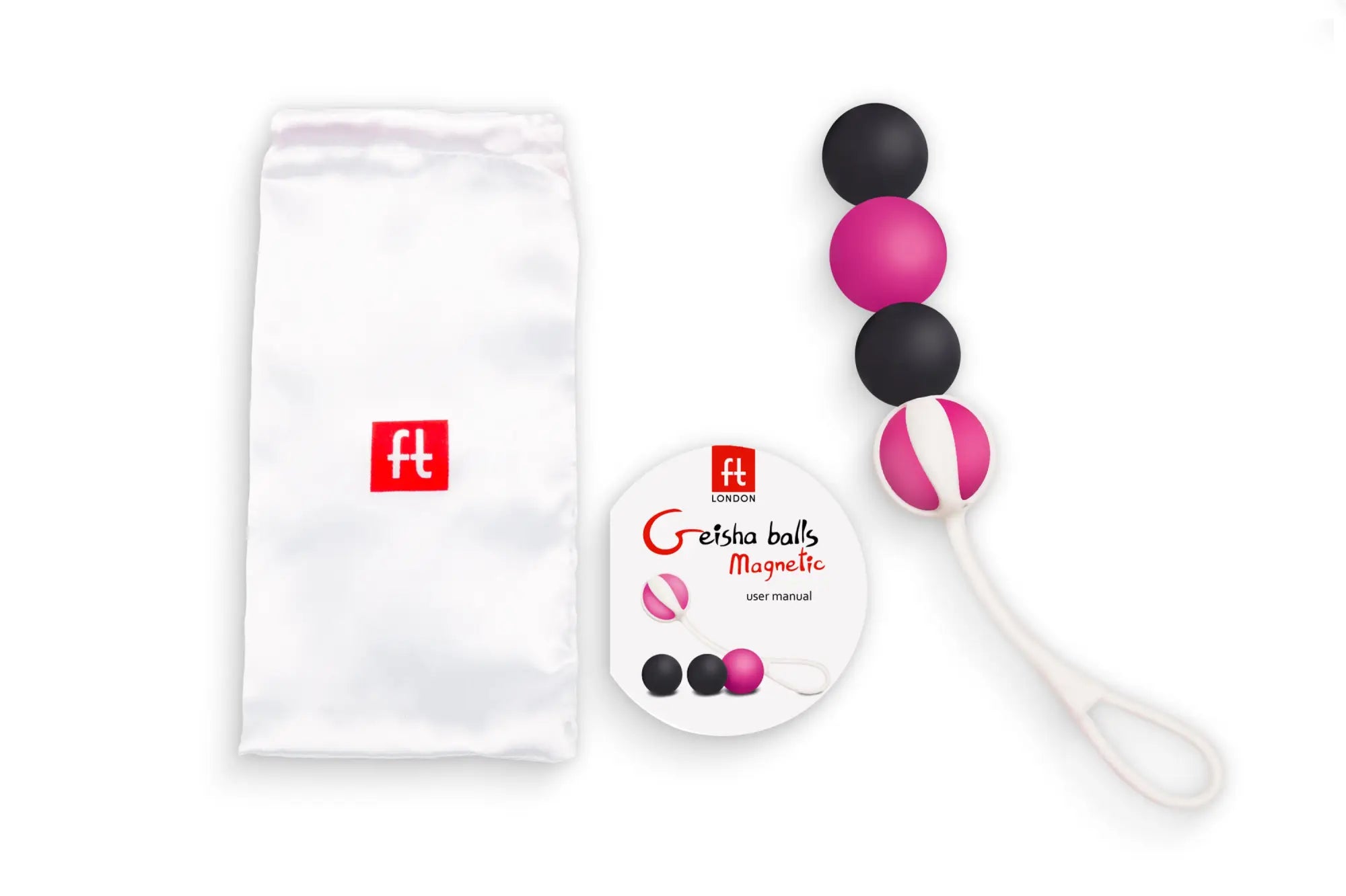 Gvibe geisha balls magnetic in pink and black with white handle in branded ft london pouch for kegel exercises