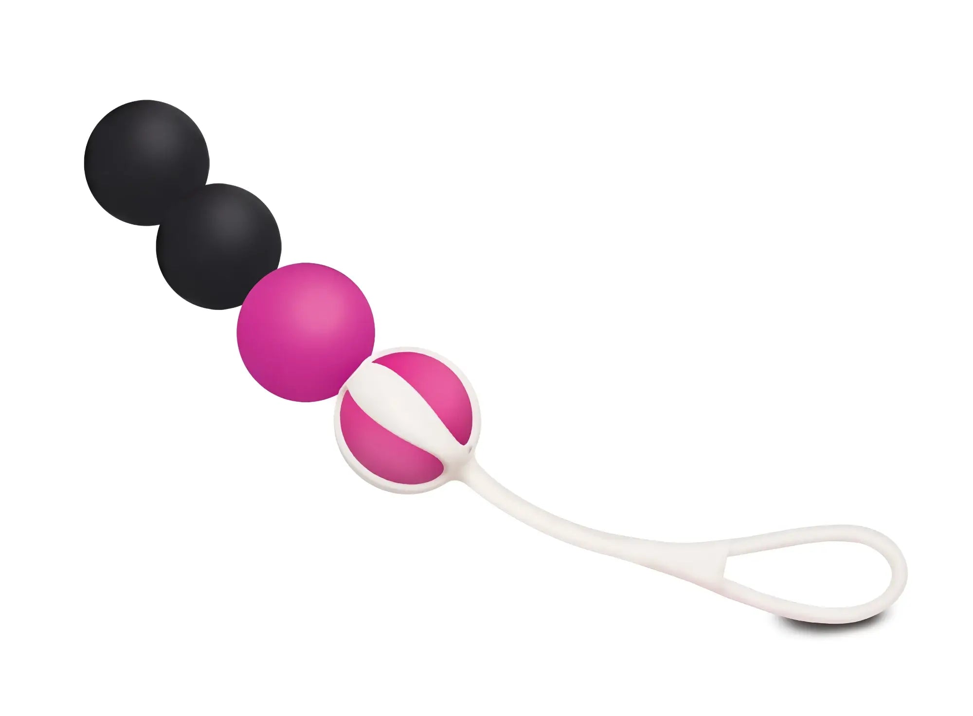 Pink and black silicone beads on a white handle designed as the Gvibe Geisha Balls Magnetic adult toy