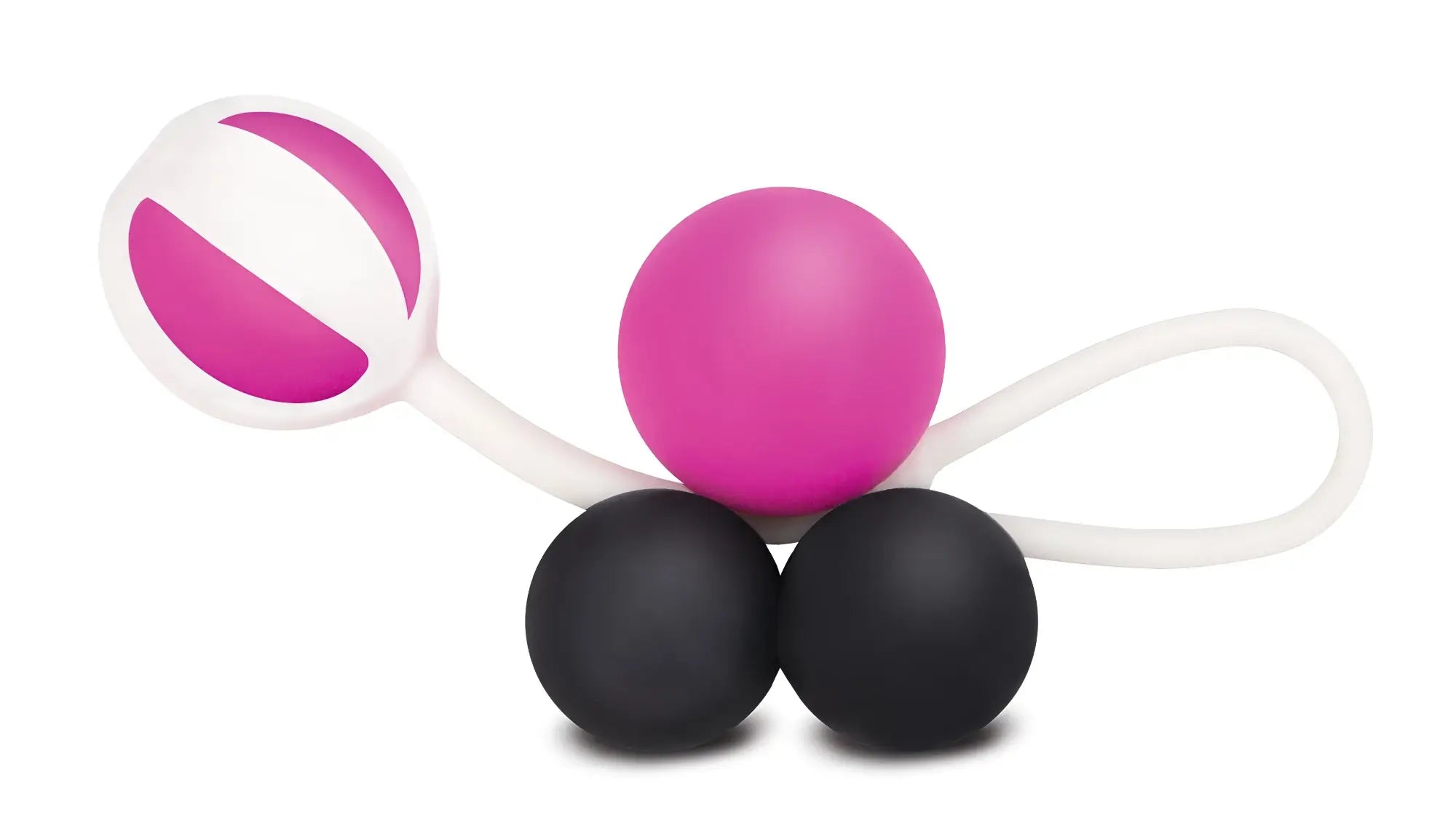 Gvibe Geisha Balls Magnetic pink and black silicone egg train with white connecting strap for pelvic floor exercises