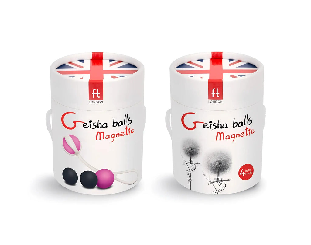 Two white cylindrical containers with union jack lids of Gvibe Geisha Balls magnetic in different color schemes