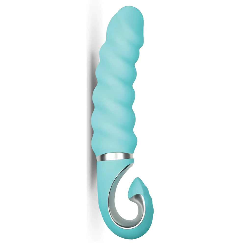 Gvibe Gjack 2 Tiffany Mint teal silicone vibrator with spiral texture metallic silver accent and curved handle