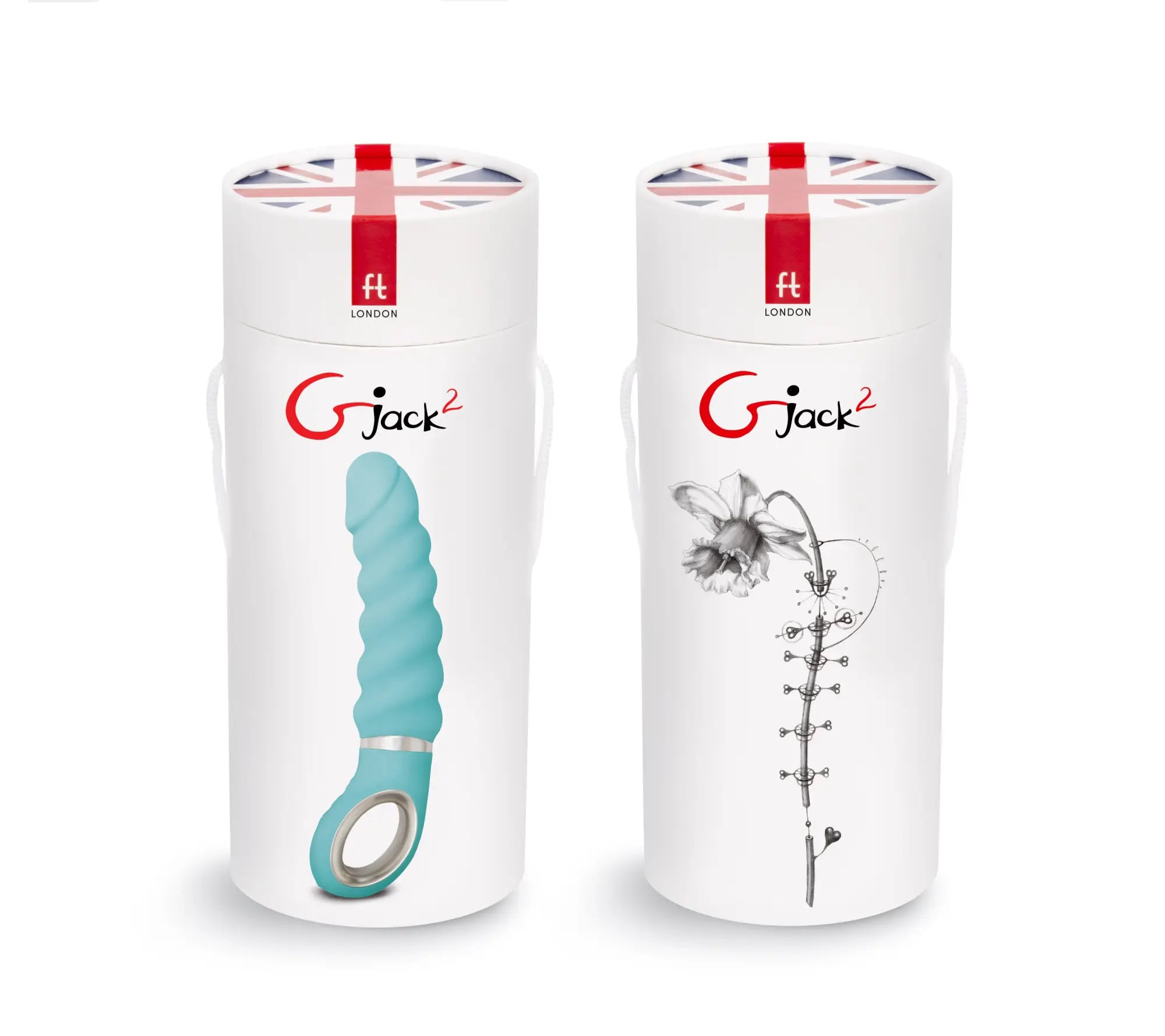 Gvibe Gjack 2 Tiffany Mint teal silicone vibrator with silver ring handle in white cylindrical packaging box