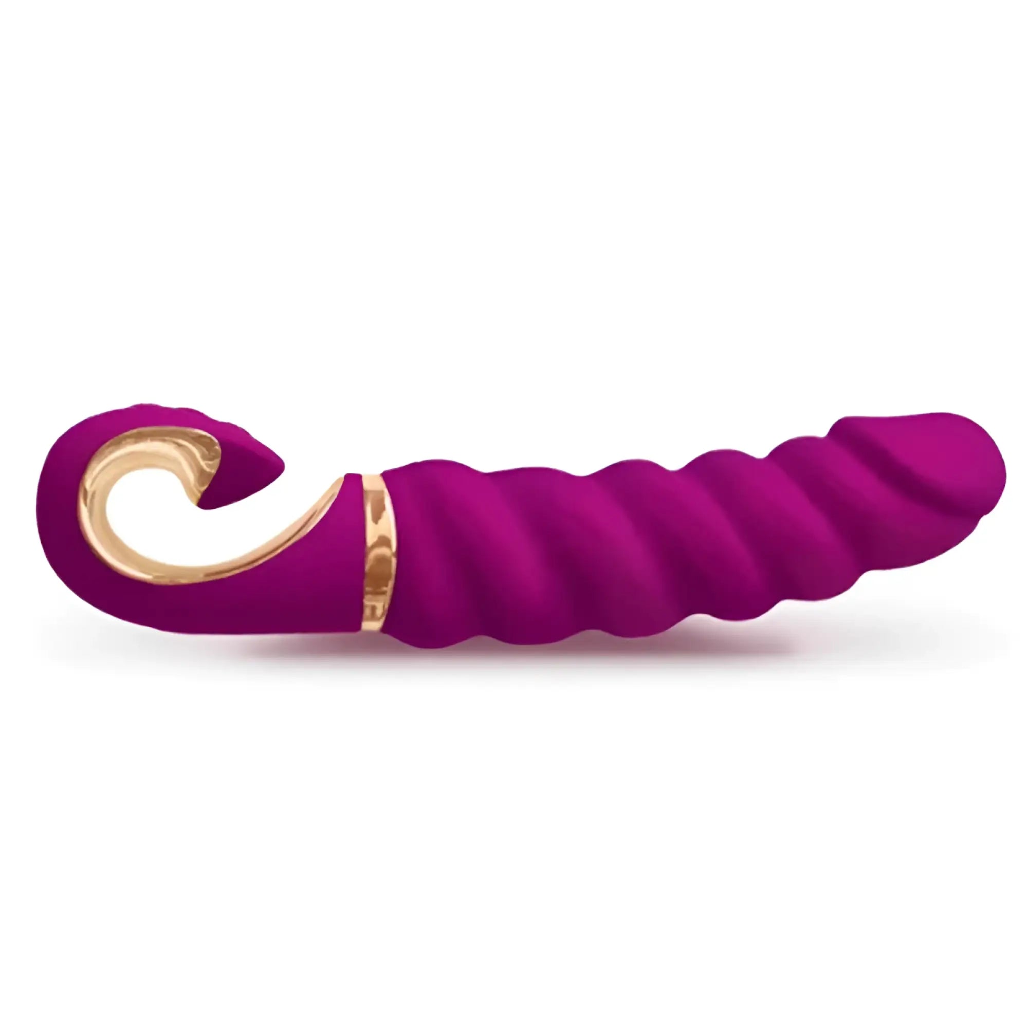 Purple silicone gjack mini sweet raspberry toy with gold curved handle and textured spiral design