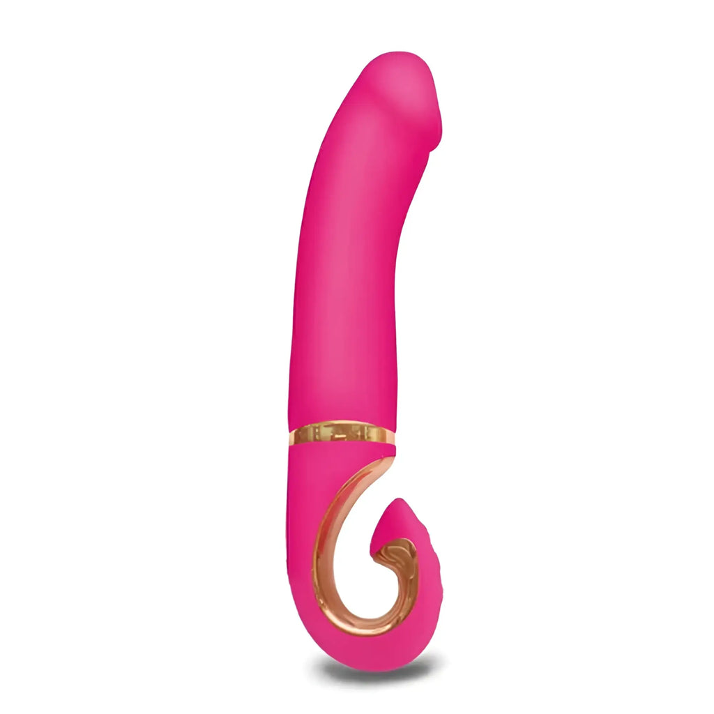 Pink silicone gvibe gjay MINI wildberry toy with gold metallic accents and ergonomic curved design