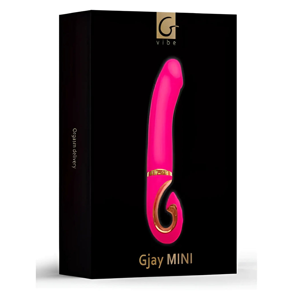 Pink gjay mini vibrator with gold accent ring and logo in black box for gvibe gjay mini wildberry