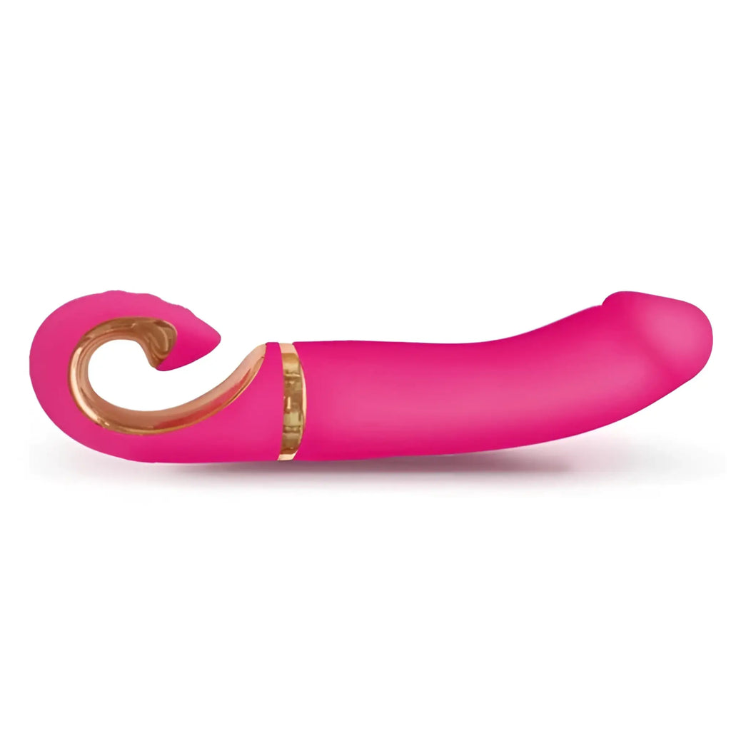 Gvibe Gjay MINI Wildberry vibrant pink silicone toy with gold metallic accent and curved handle for easy grip