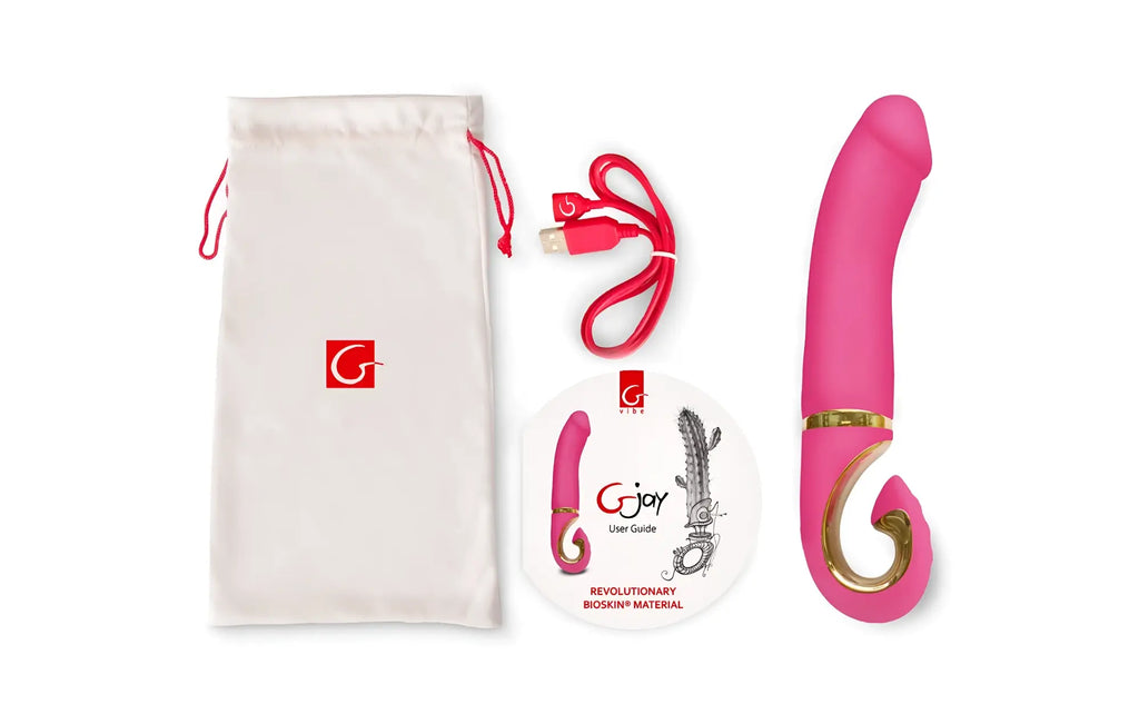Pink g-joy pleasure device with gold accents and curved handle made from bioskin material by Gvibe Gjay Neon Rose