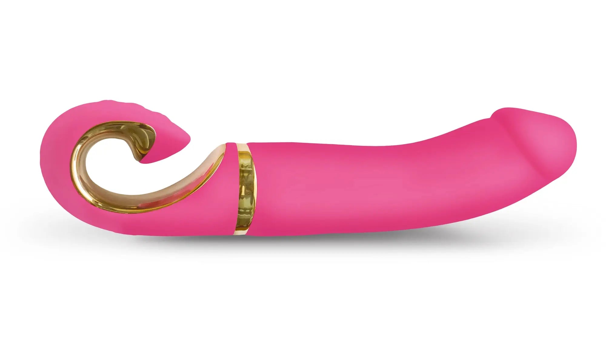 Gvibe Gjay Neon Rose pink silicone toy with gold metallic accents and a curved ornate design for intimate use