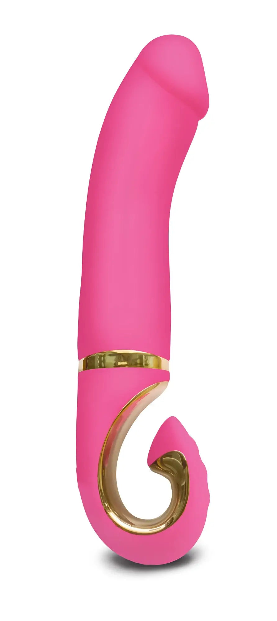 Pink silicone g-vibe gjay neon rose toy with gold metallic accents and ergonomic curved design