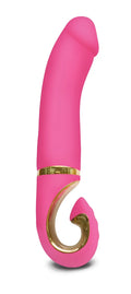 Pink silicone g-vibe gjay neon rose toy with gold metallic accents and ergonomic curved design