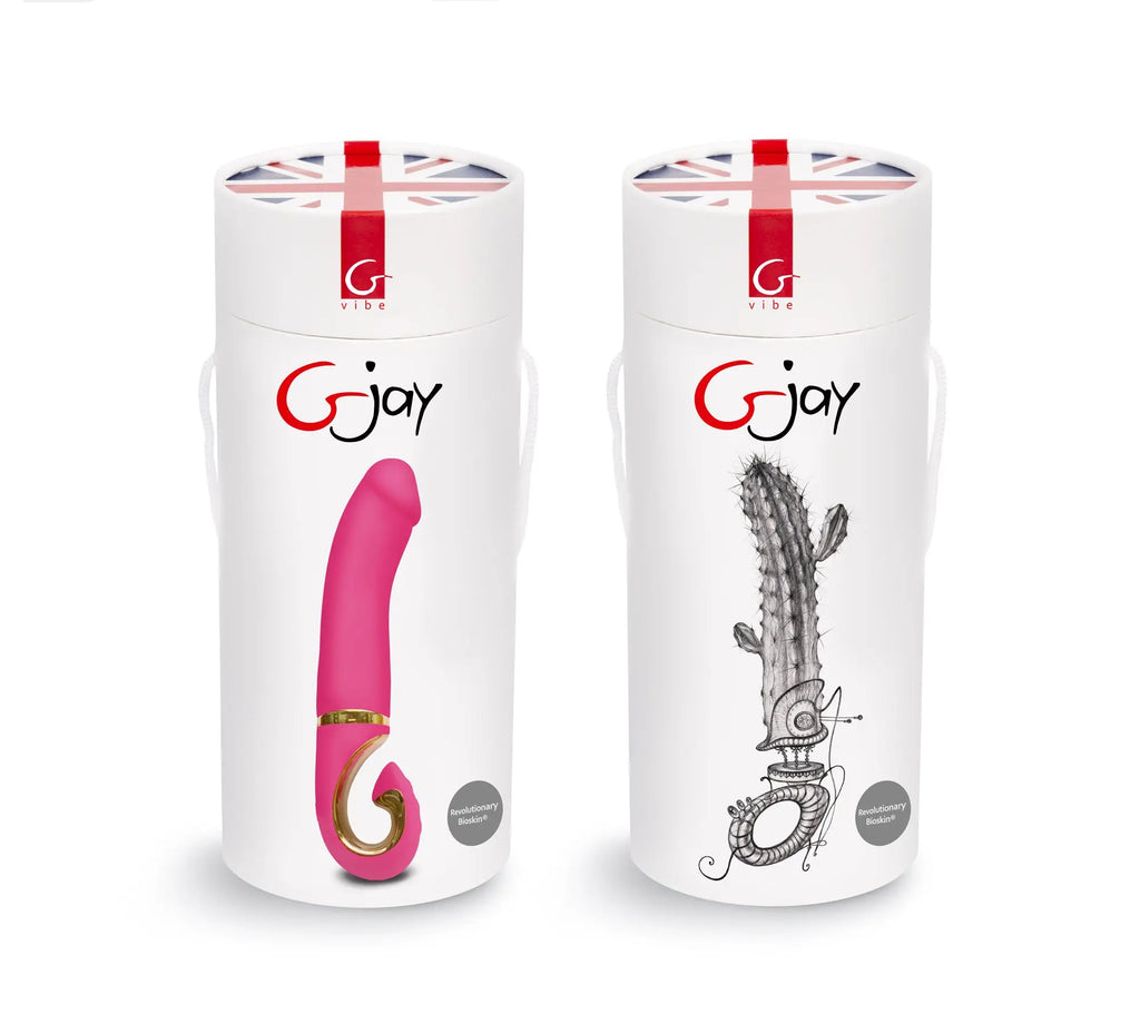 Pink Gvibe Gjay neon rose vibrators in sleek white cylindrical packaging with union jack accents
