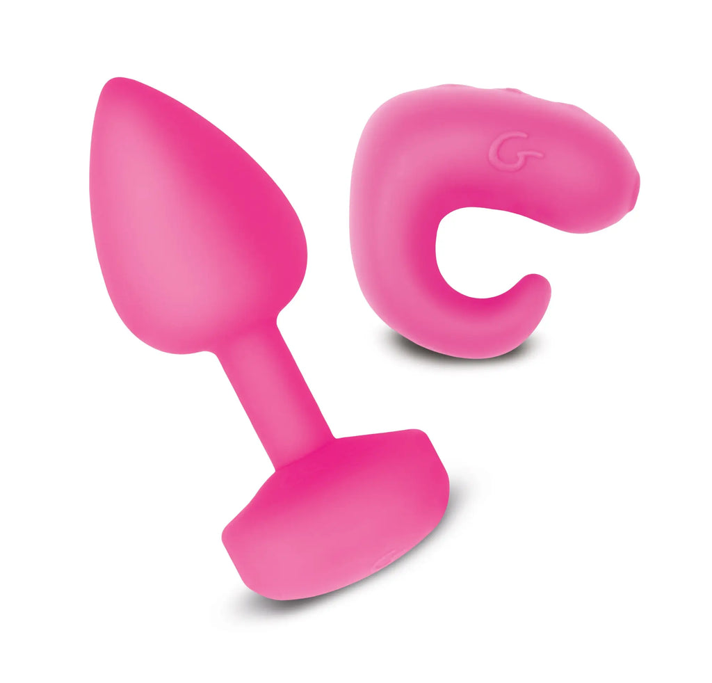 Pink silicone butt plug with matching c shaped ring from gvibe gkit sunny raspberry for comfortable use