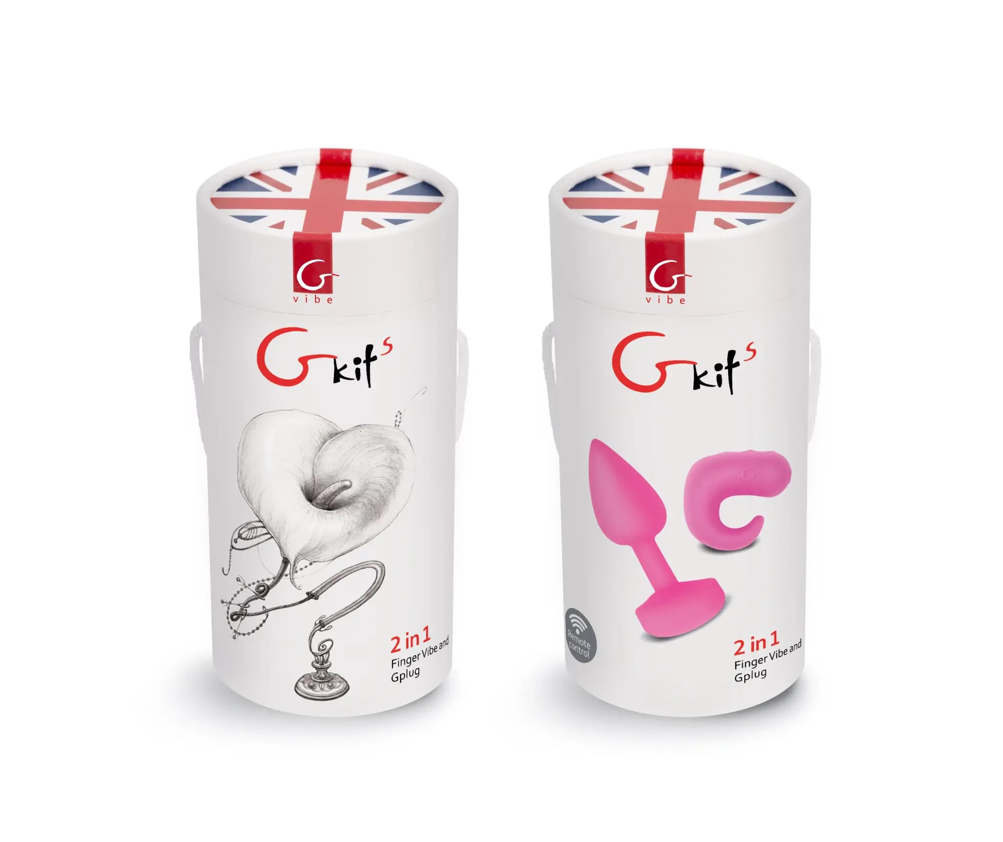 Pink silicone finger vibrator and g-plug set in white cylindrical union jack package from gvibe gkit sunny raspberry