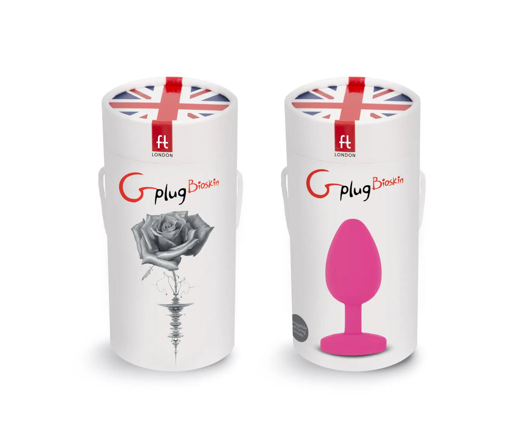 Pink silicone gplug large bioskin sweet raspberry toy in white cylindrical box with union jack lid