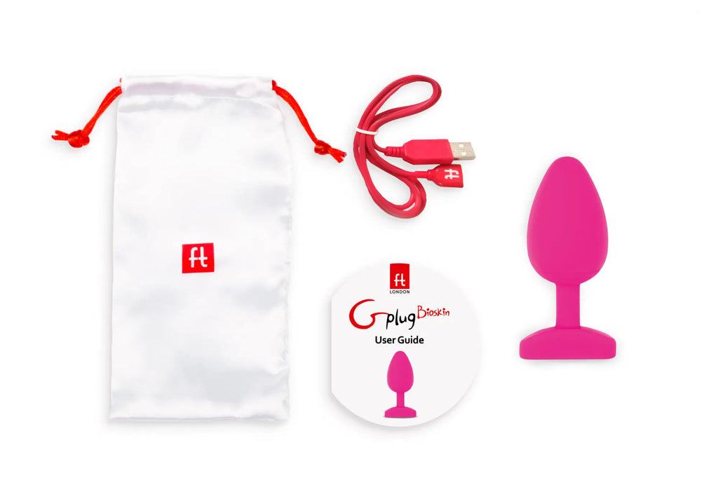 Pink silicone g-plug boston plug with usb charging cable and branded accessories from gvibe gplug large bioskin sweet raspberry