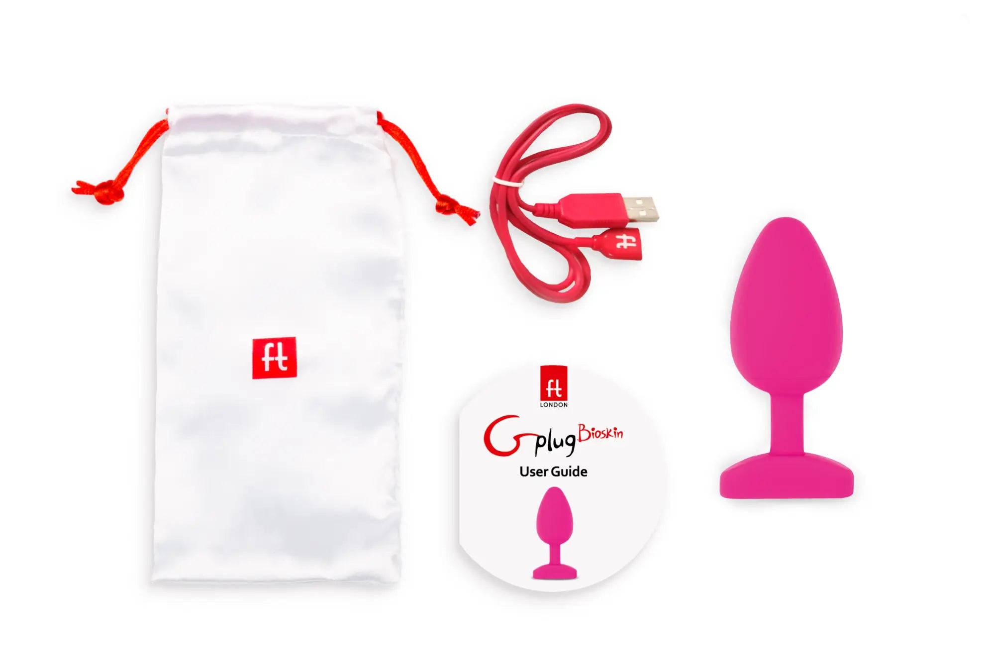 Pink silicone g-plug boston plug with usb charging cable and branded accessories from gvibe gplug large bioskin sweet raspberry