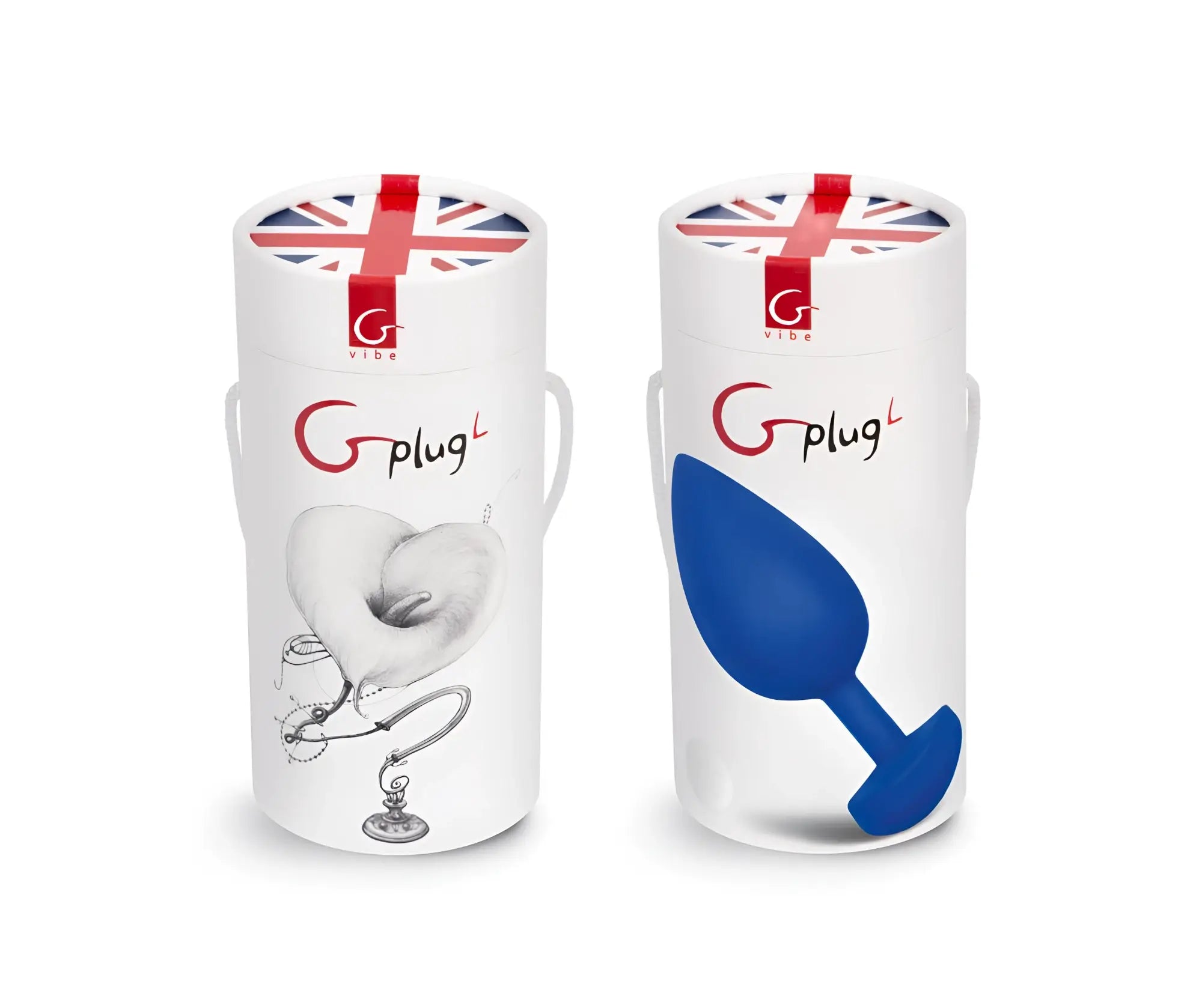Blue silicone g-plug large navy blue butt plug by gvibe in a white cylindrical box with union jack lid