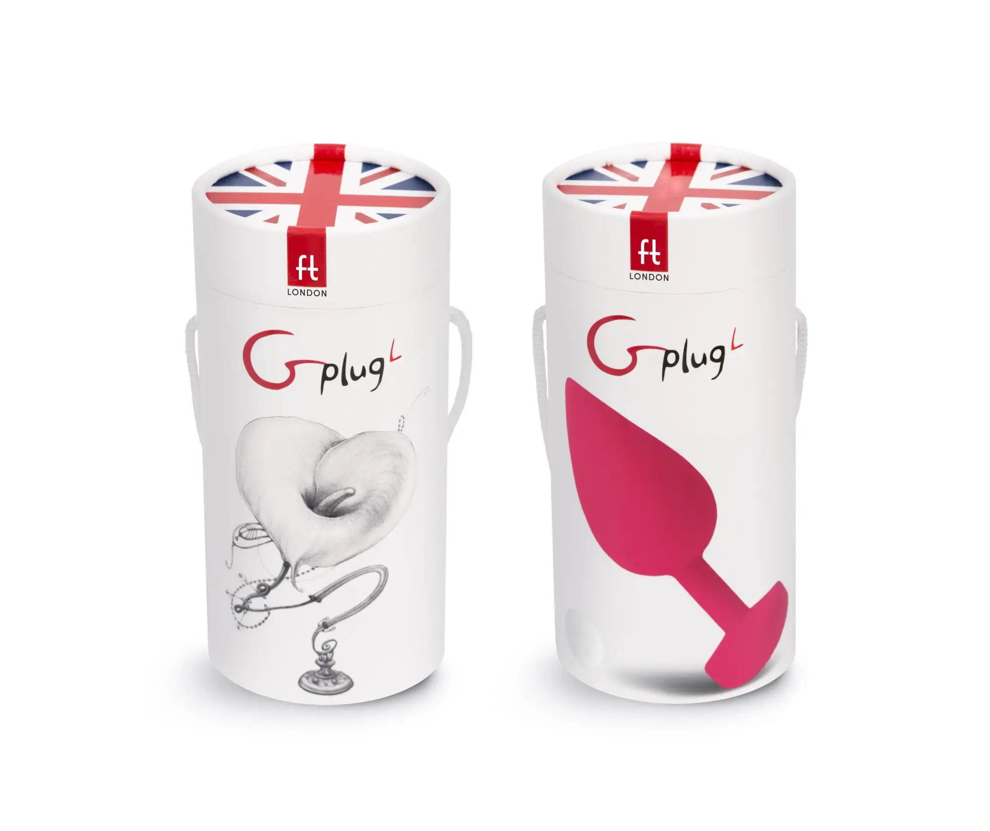 Two white cylindrical packaging tubes for gvibe gplug large neon rose featuring a heart-shaped plug illustration and pink silicone plug