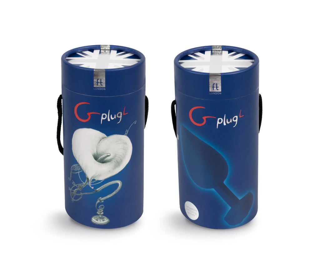 Two cylindrical blue g-plug packaging tubes with black handles branded gvibe gplug large ocean blue