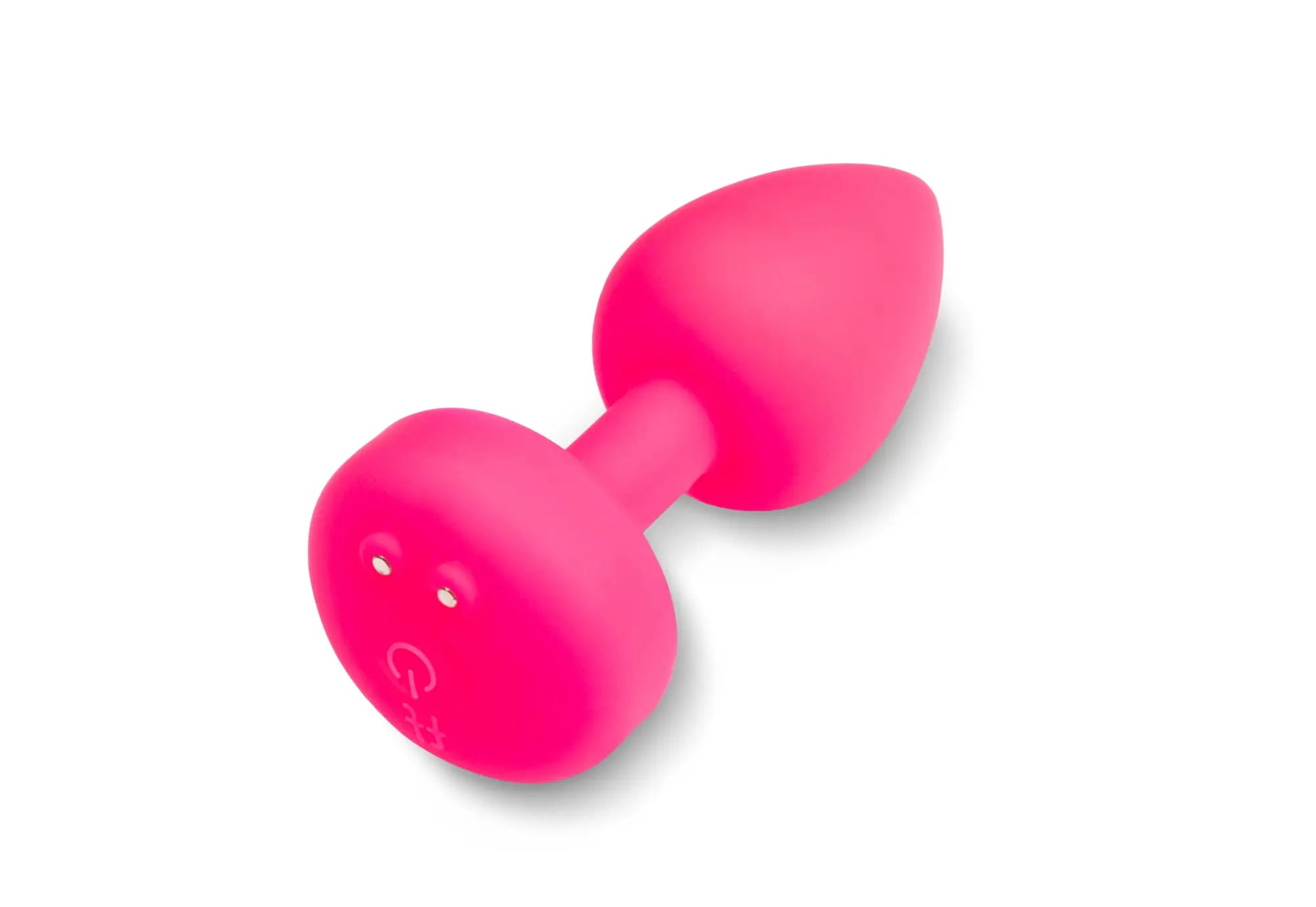 Gvibe Gplug Small Neon Rose bright pink silicone butt plug with rounded dumbbell design and white dot eyes on the base