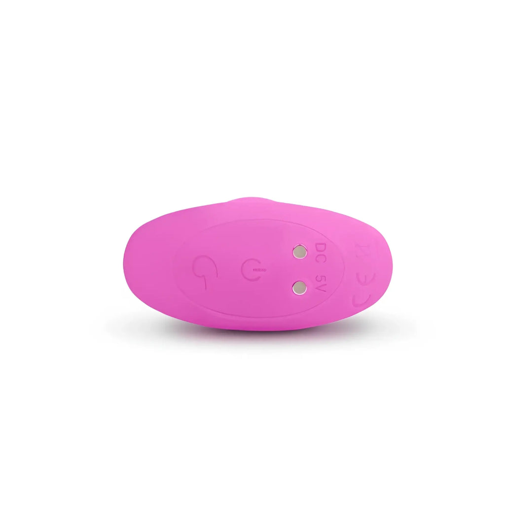 Pink silicone gvibe gplug xs sunny raspberry adult toy with two circular buttons and dc 5v charging port backside view
