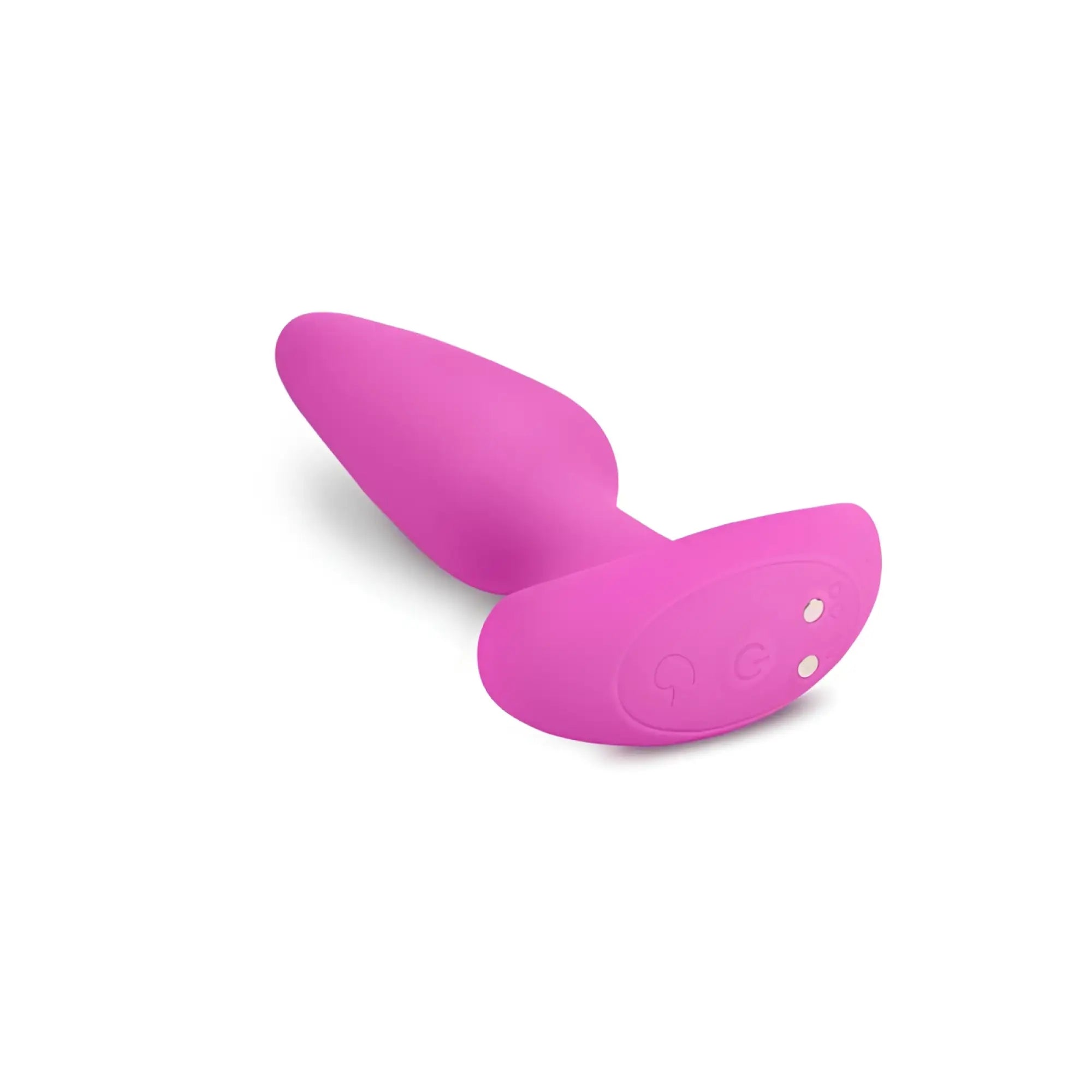 A vibrant pink silicone anal plug with smooth rounded design and two white buttons on the base by Gvibe Gplug XS Sunny Raspberry