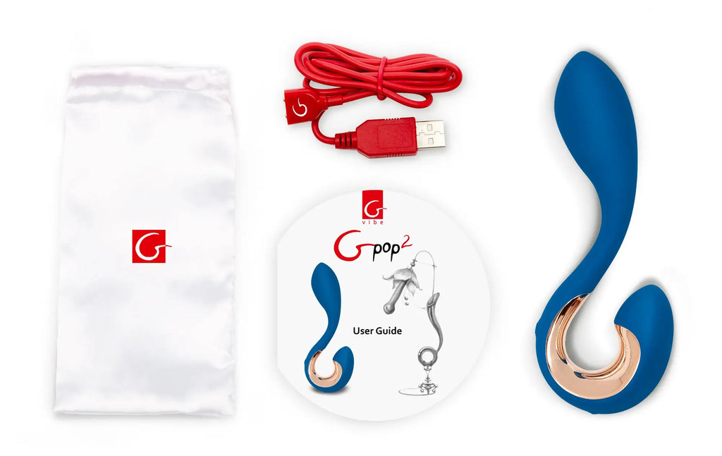 Gvibe gpop2 indigo blue adult toy with sleek curved design in blue and rose gold for g-spot stimulation