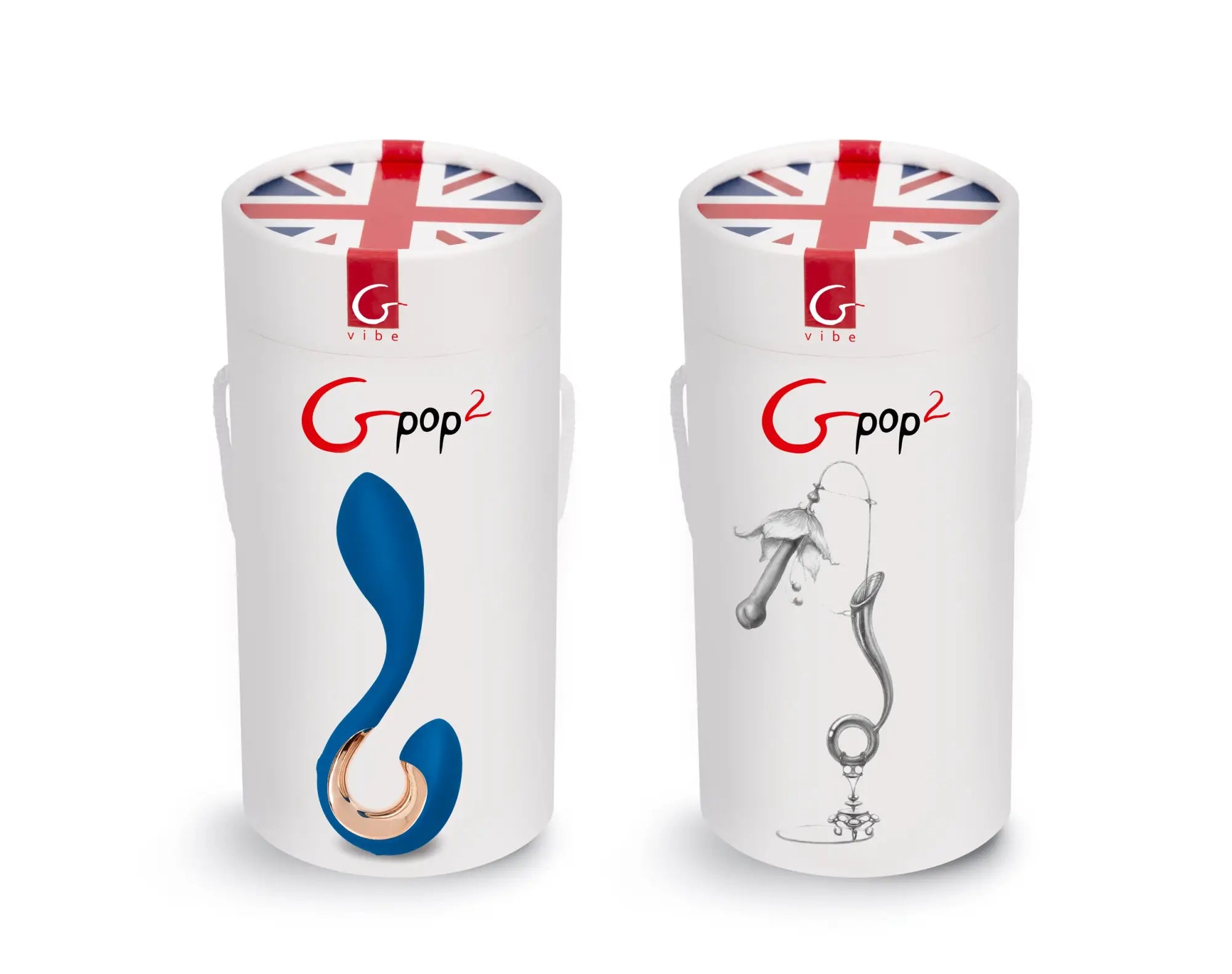 Gvibe gpop2 indigo blue vibrators in blue and rose gold with white cylindrical packaging and union jack accents
