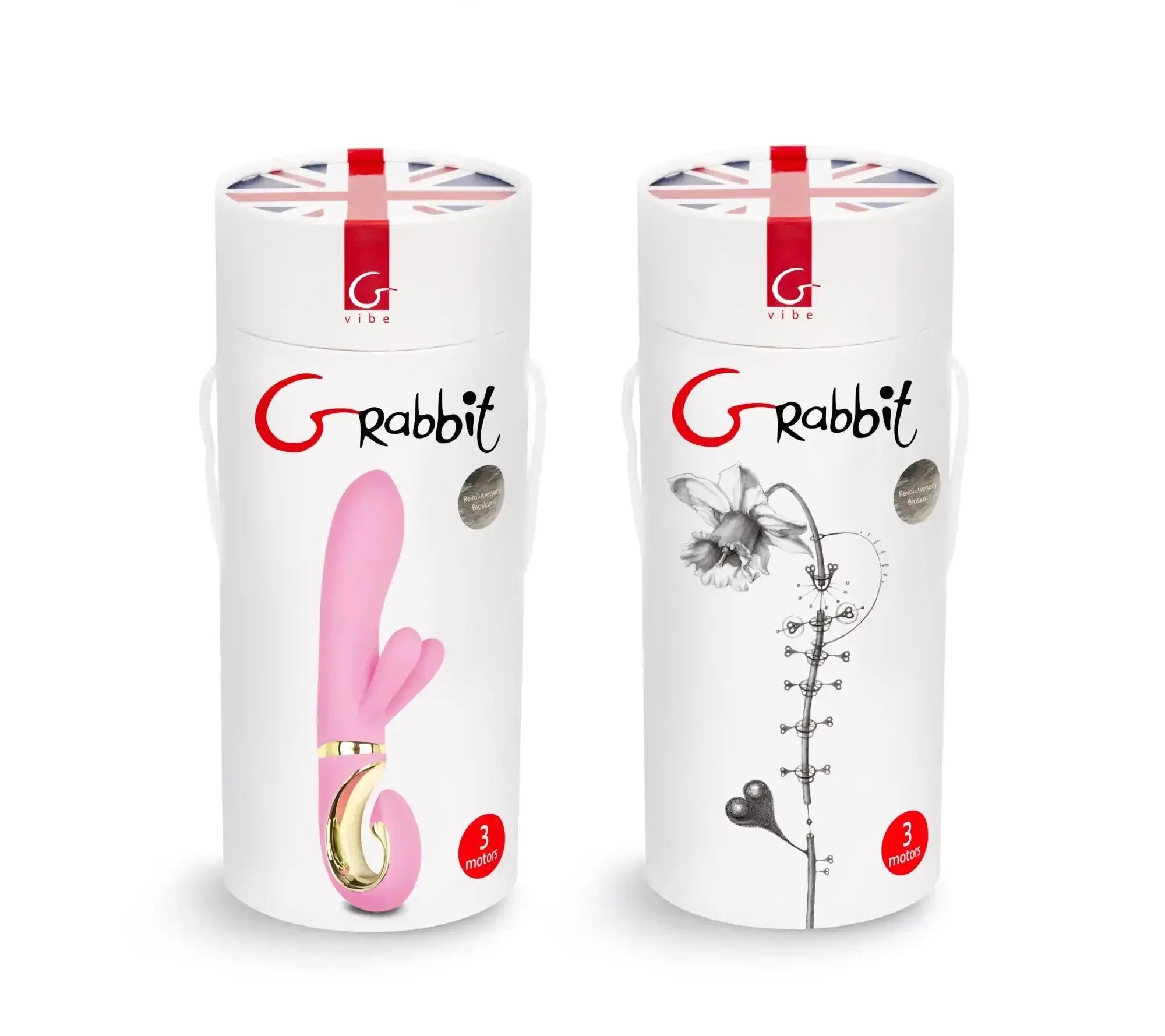 Pink silicone rabbit-shaped vibrator in white cylindrical box with red and black branding gvibe grabbit candy pink