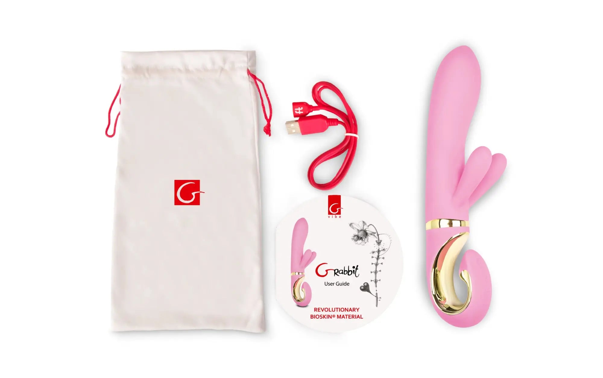 Pink rabbit-shaped vibrator gvibe grabbit candy pink with gold metallic accents and curved ergonomic design