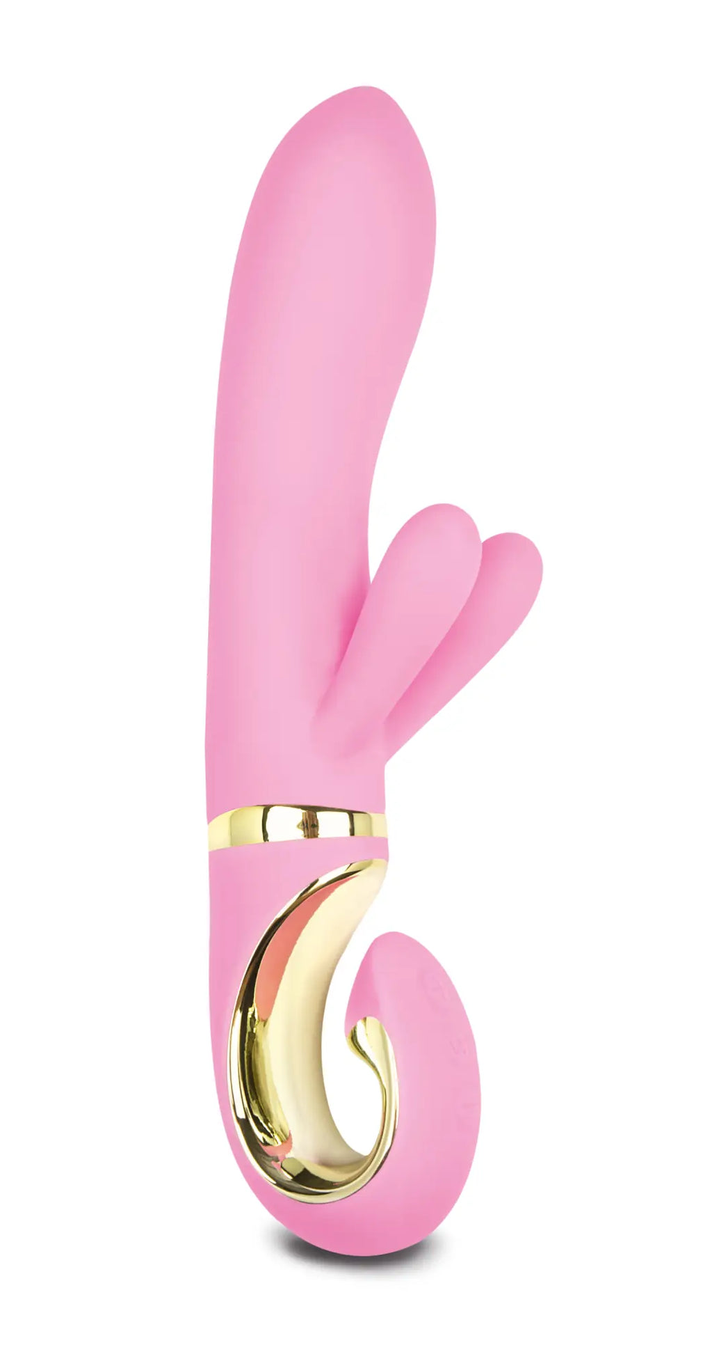 Pink silicone rabbit-shaped vibrator with gold metallic accents from gvibe grabbit candy pink collection