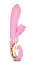 Pink silicone rabbit-shaped vibrator with gold metallic accents from gvibe grabbit candy pink collection