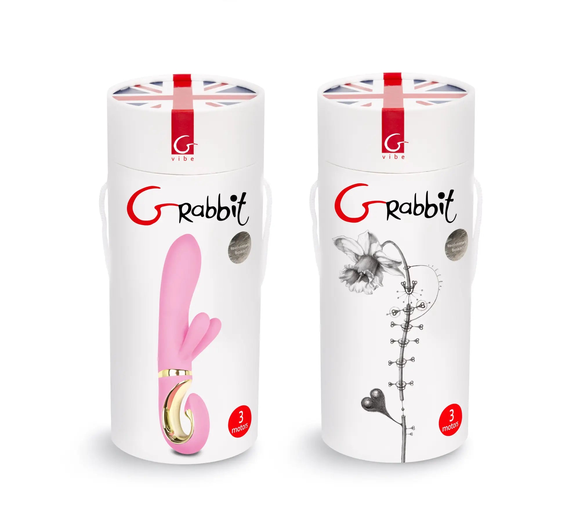 Pink silicone rabbit-shaped vibrator in white cylindrical box with red and black branding gvibe grabbit candy pink