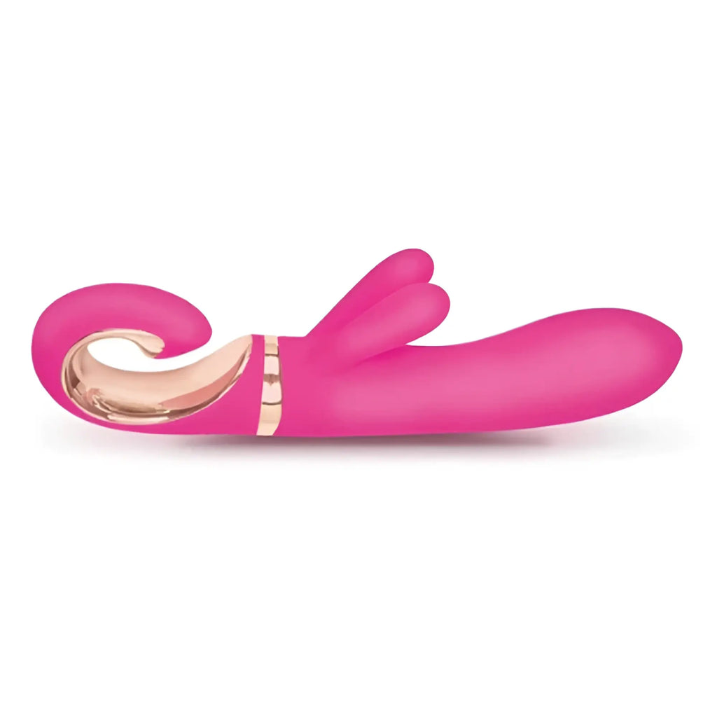 Pink silicone rabbit-shaped vibrator with rose gold metallic accents gvibe grabbit mini dolce violet model