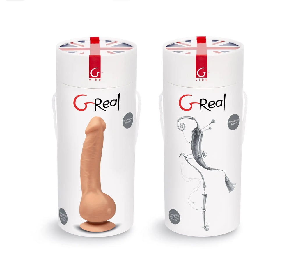 Gvibe greal flesh beige silicone realistic dildo with suction cup and black-and-white illustrated version in union jack packaging