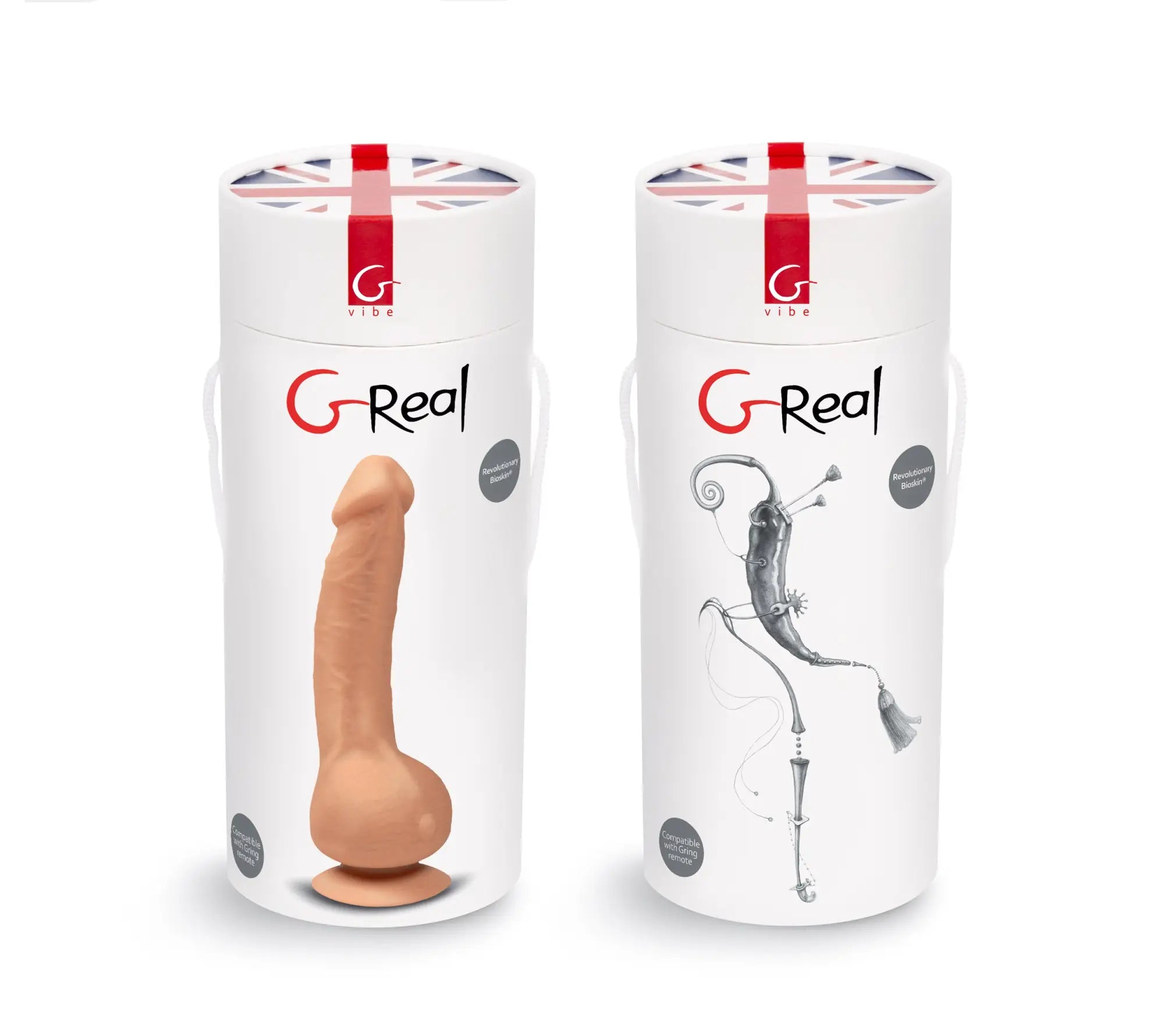 Gvibe greal flesh beige silicone realistic dildo with suction cup and black-and-white illustrated version in union jack packaging