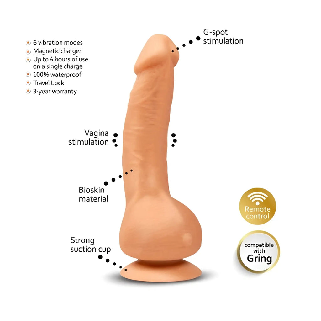 Peach-colored bioskin dildo Gvibe Greal MINI with suction cup base and remote control compatibility
