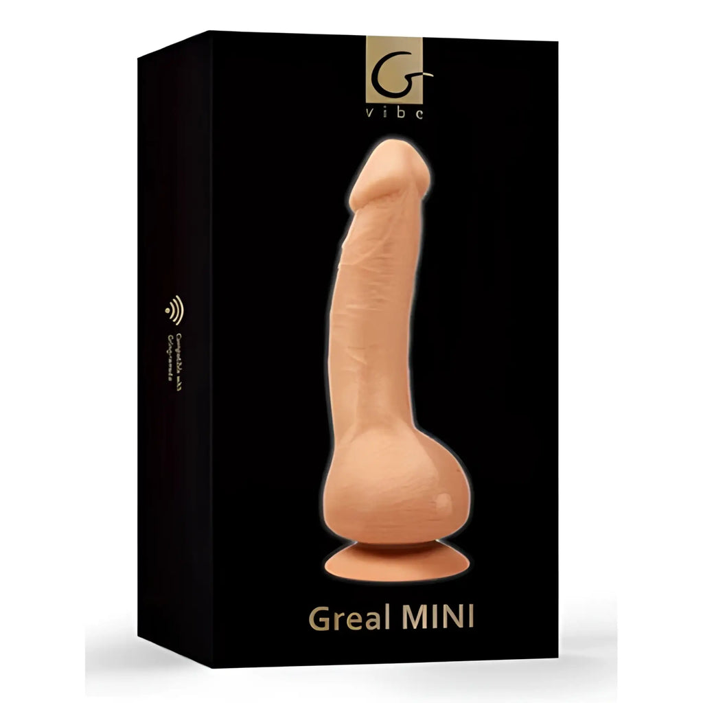 Peach-colored silicone male masturbator with suction cup in black greal mini box by g-vibe titled gvibe greal mini flesh
