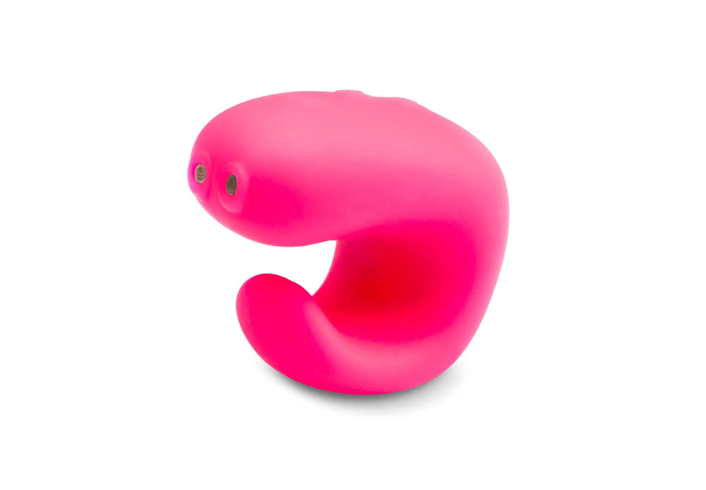 Vibrant pink silicone gvibe gring neon rose ring-shaped device with two small circular sensors on the top surface