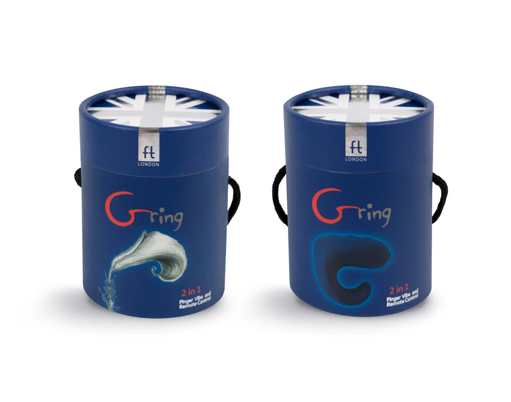 Blue cylindrical packaging for the gvibe gring ocean blue 2 in 1 finger vibe and remote control device by ft london