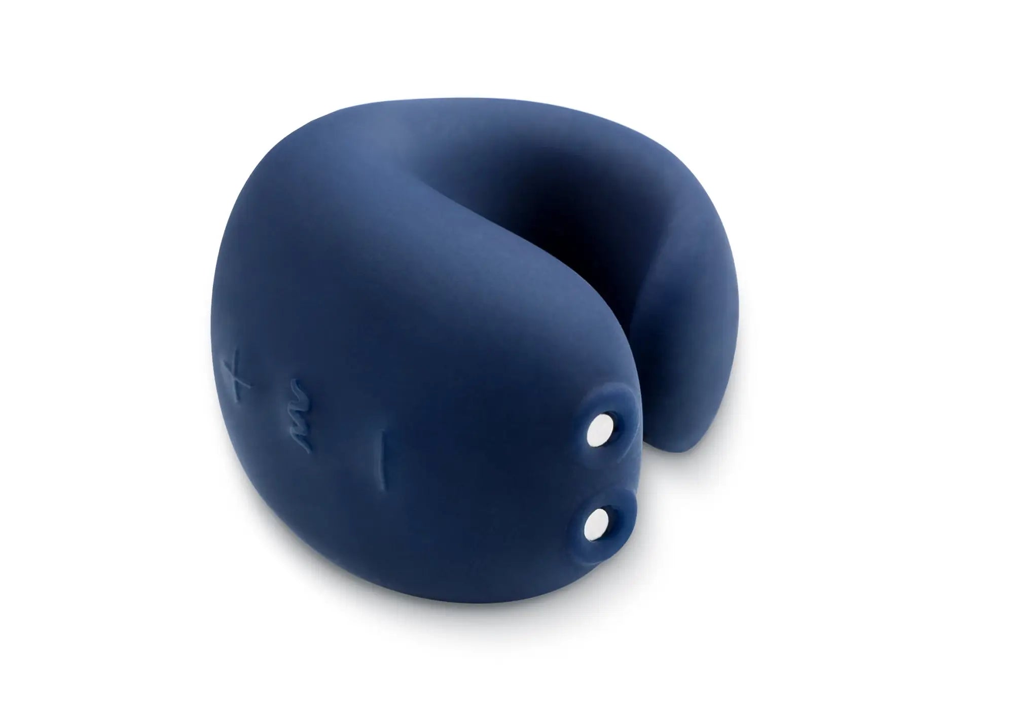 Navy blue silicone travel pillow gvibe gring ocean blue with two white circular indentations on the side