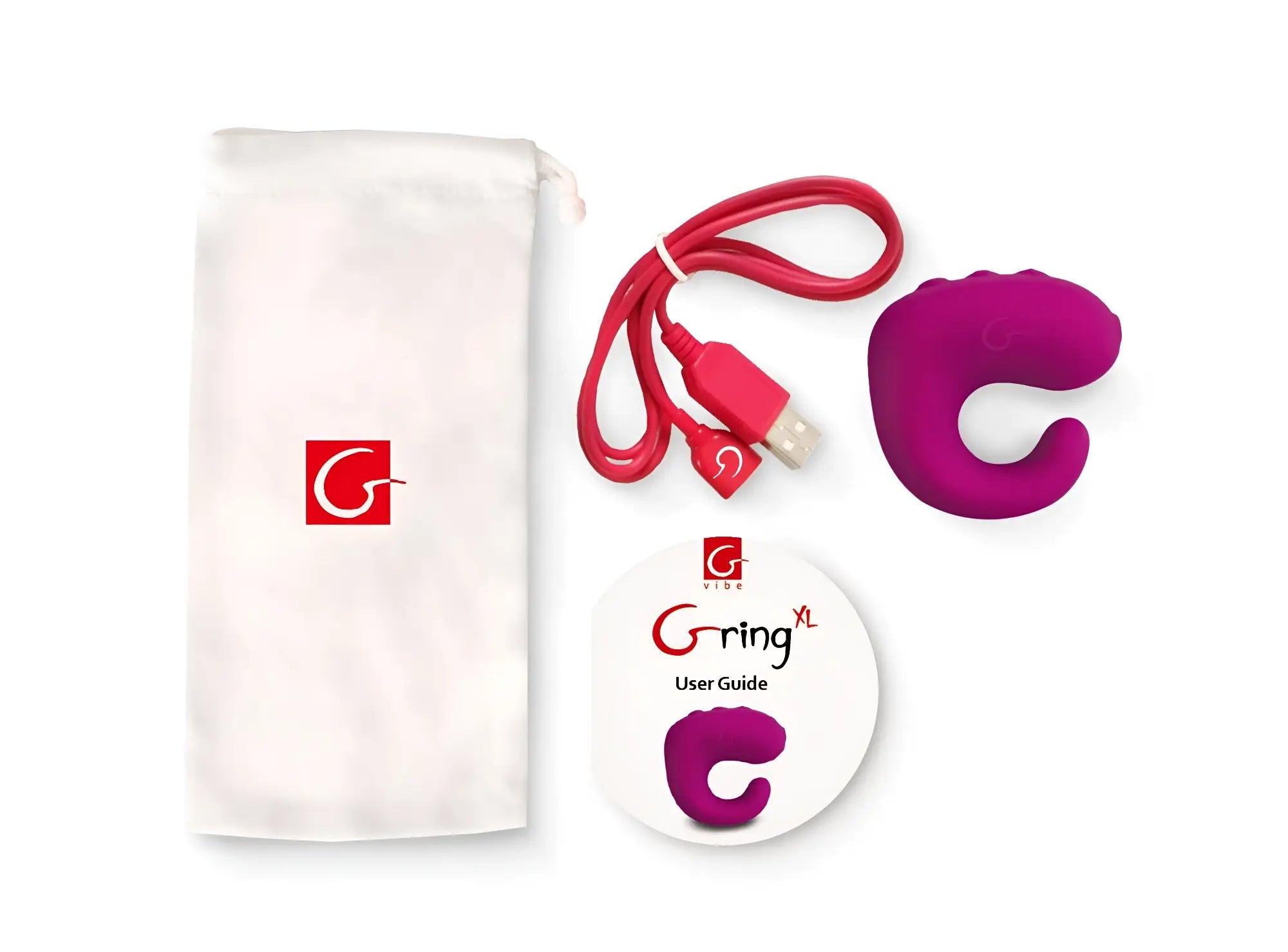 Gvibe Gring XL sweet raspberry purple silicone vibratory device with red USB charging cable and branded storage pouch