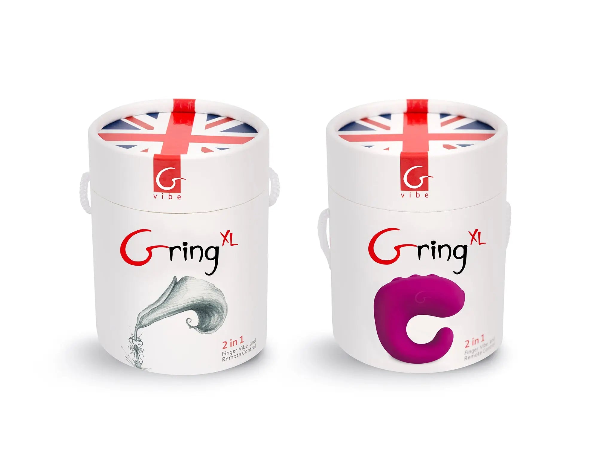 Two white cylindrical gvibe gring xl containers with union jack lids and red black logo for sweet raspberry use