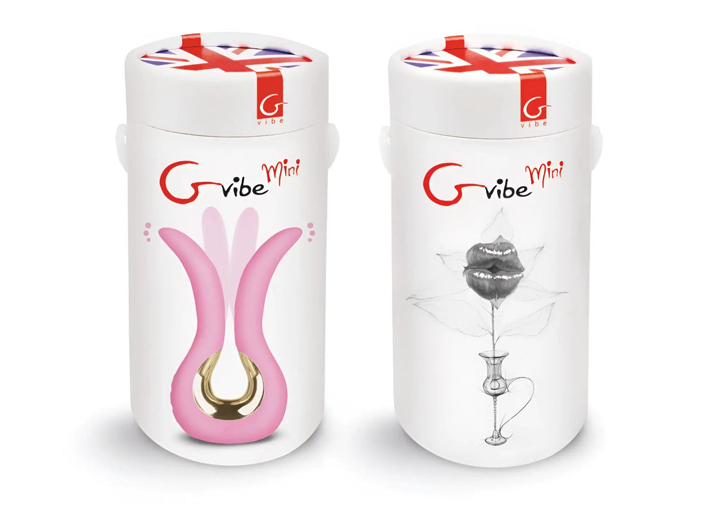 Gvibe Gvibe Mini Candy Pink pink and gold compact adult toy in a white cylindrical package with union jack ribbon