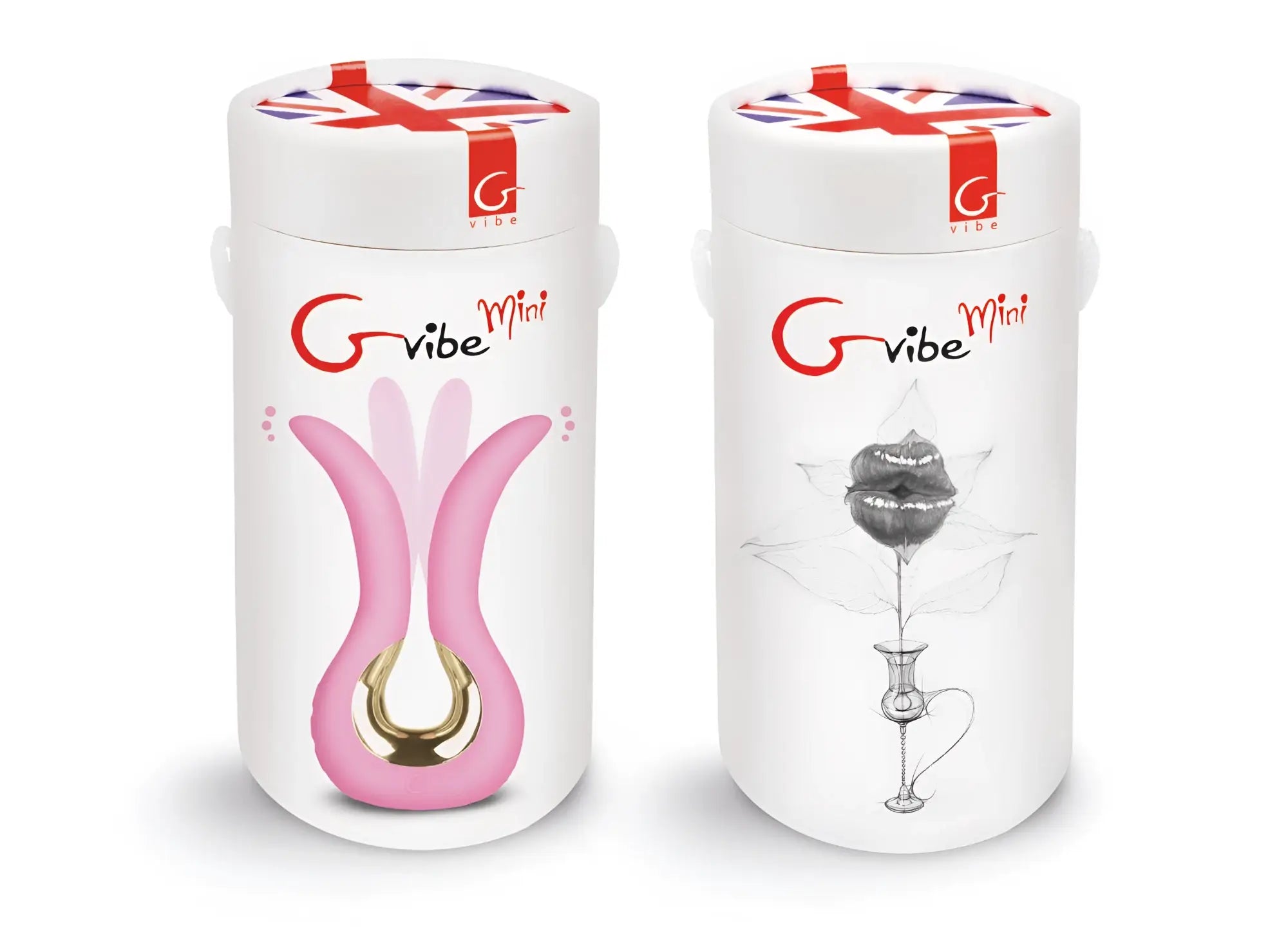 Gvibe Gvibe Mini Candy Pink pink and gold compact adult toy in a white cylindrical package with union jack ribbon