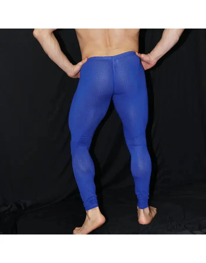 Men's blue mesh runner tights by Arroyman featuring a fitted design and breathable material shown from the back.