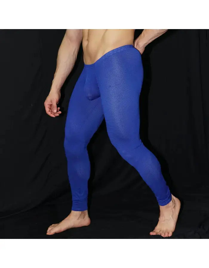 Men's blue mesh runner tights by Arroyman featuring a fitted design and breathable material shown on a model.
