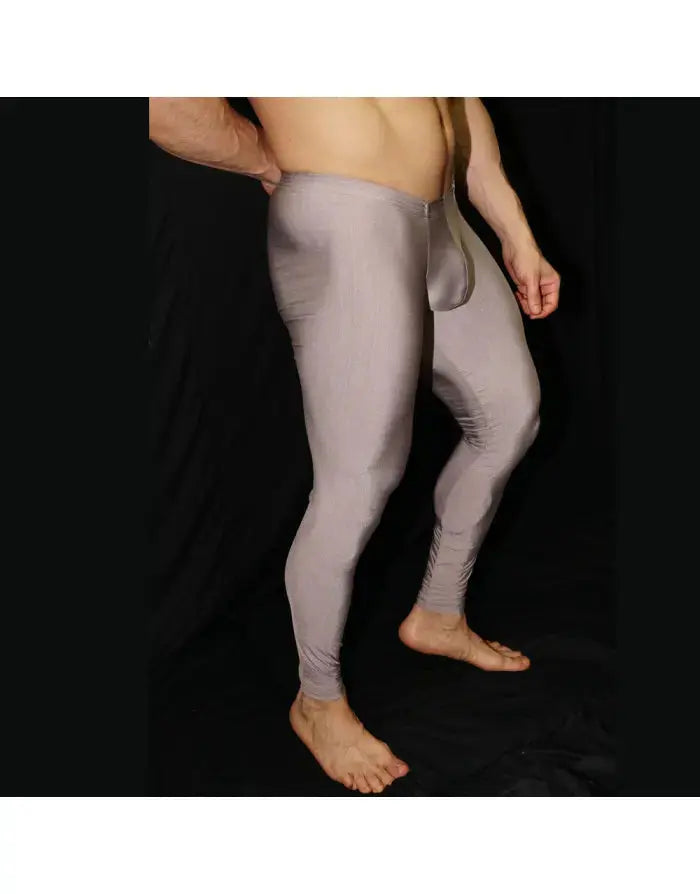 Men's caramel gym tights by Arroyman featuring a snug fit and smooth fabric shown on a model standing barefoot.