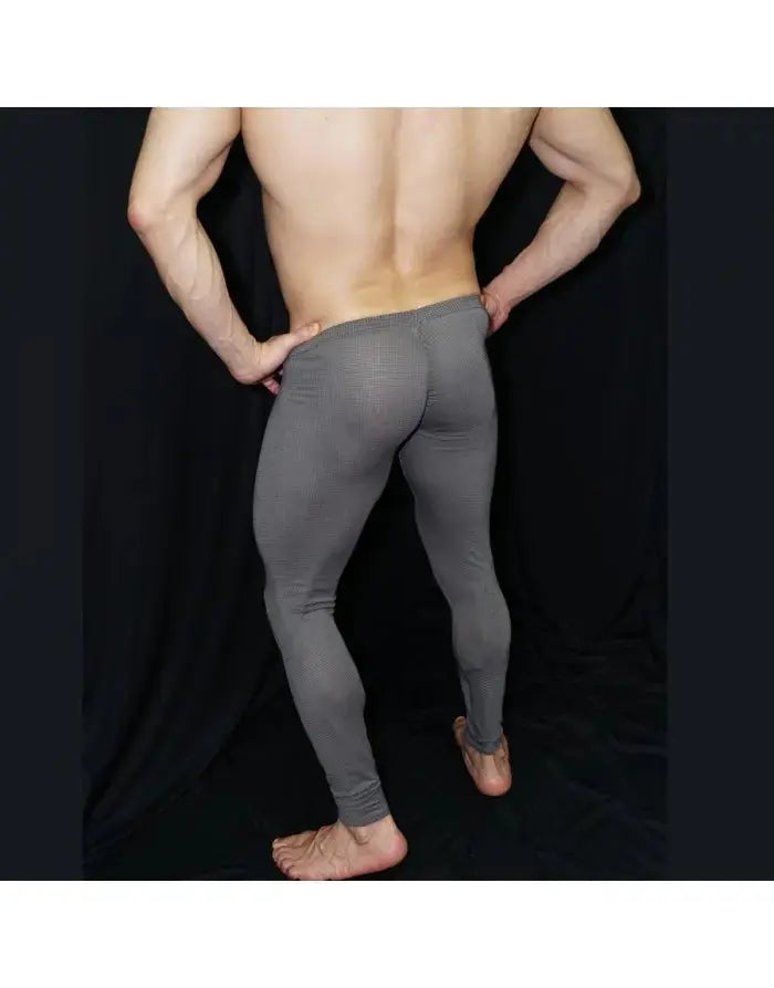 Men's grey mesh gym tights by Arroyman featuring a snug fit and breathable material shown from the back.
